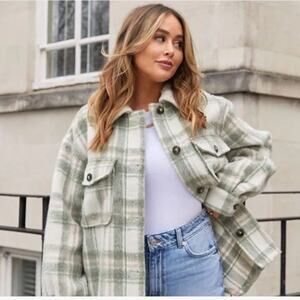 Davi & Dani Ivory and Green Plaid Shacket